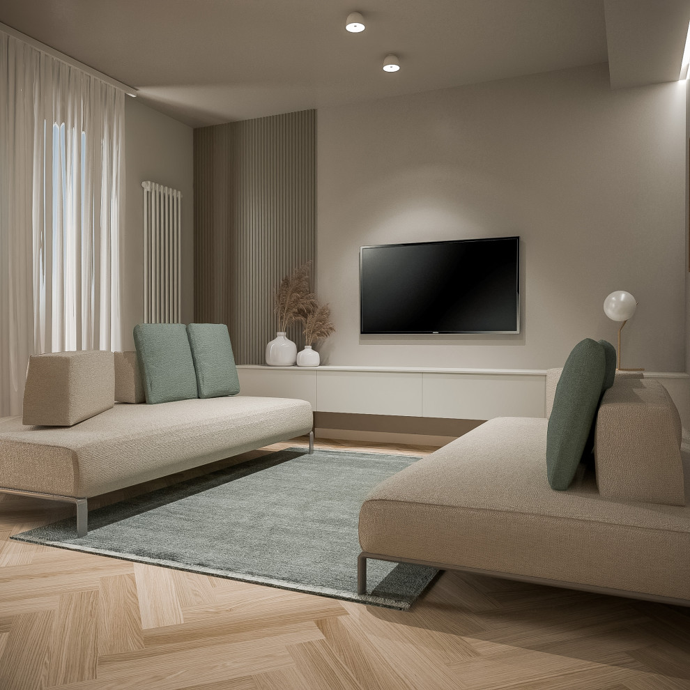 Idee per un soggiorno contemporaneo di medie dimensioni e aperto con TV a parete