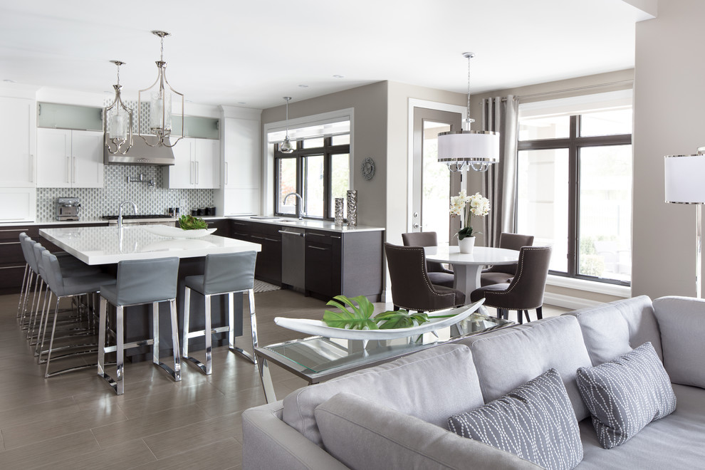 Mid-sized contemporary open plan dining in Toronto with grey walls and porcelain floors.