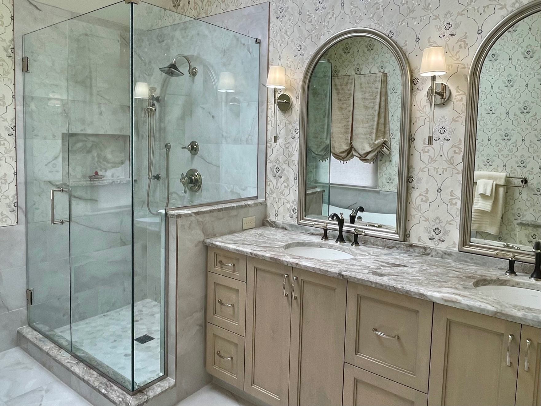 Master bathroom received full makeover from a traditional design with floral wallpaper transitioned into a fresh and updated design! Making your bathroom fresh and beautiful adds joy into your life.