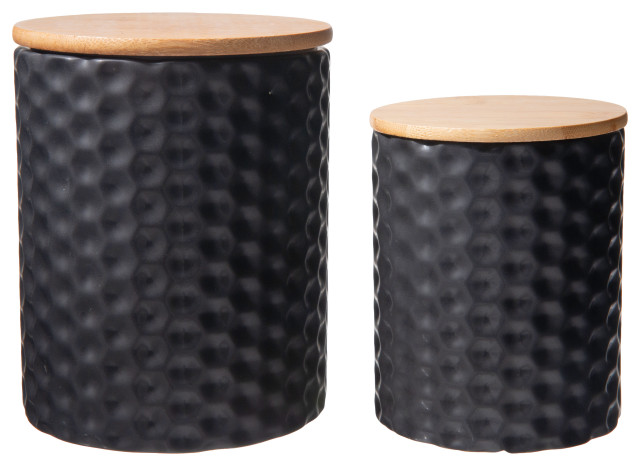 Round Ceramic Canister With Bamboo Lid Matte Black Finish Set Of 2   Home Design 