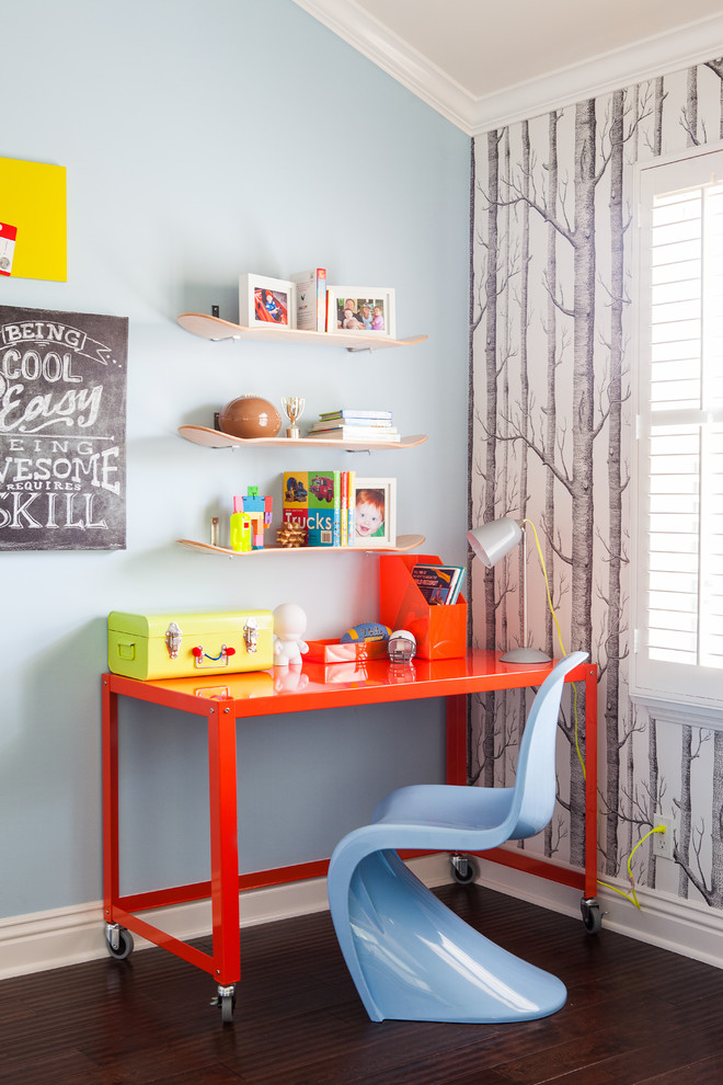 Inspiration for a transitional gender-neutral kids' study room for kids 4-10 years old in Los Angeles with blue walls and dark hardwood floors.