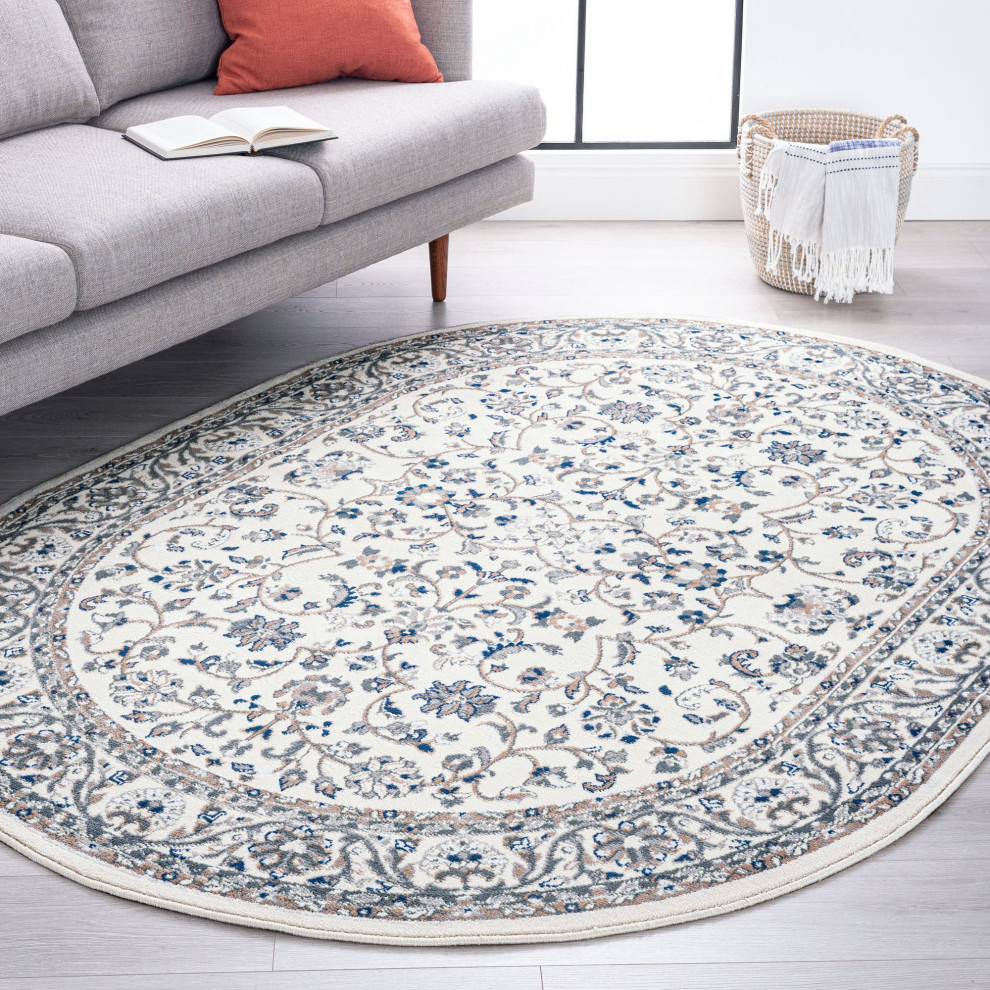 Tessie Traditional Floral Cream Oval Area Rug, 5'x7'