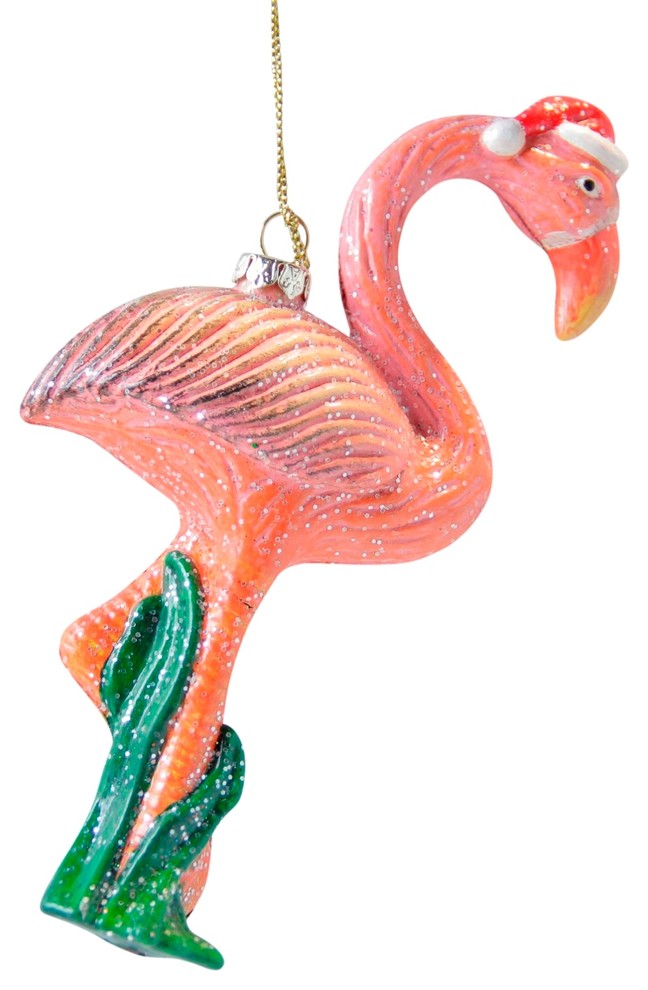 Pink Flamingo Ornament Set Santa Hat Bird 6/" Beach Christmas Resin Glitter Gift