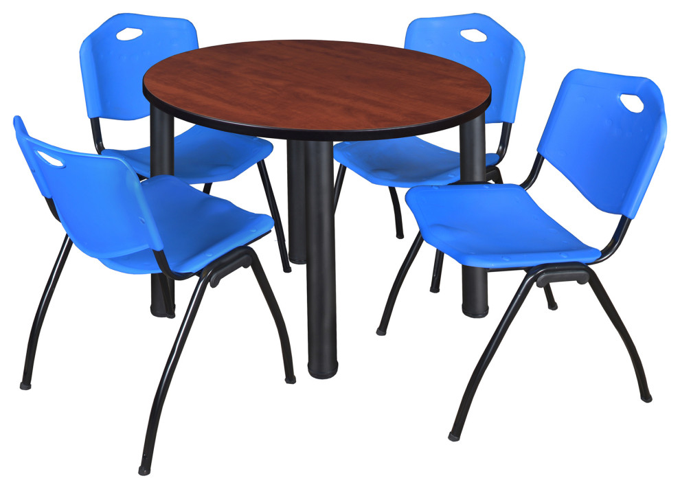 Kee 42" Round Breakroom Table- Cherry/ Black & 4 'M' Stack Chairs- Blue