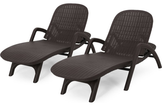 Noble House Waverly Outdoor Faux Wicker Chaise Lounges (Set of 2) Dark Brown