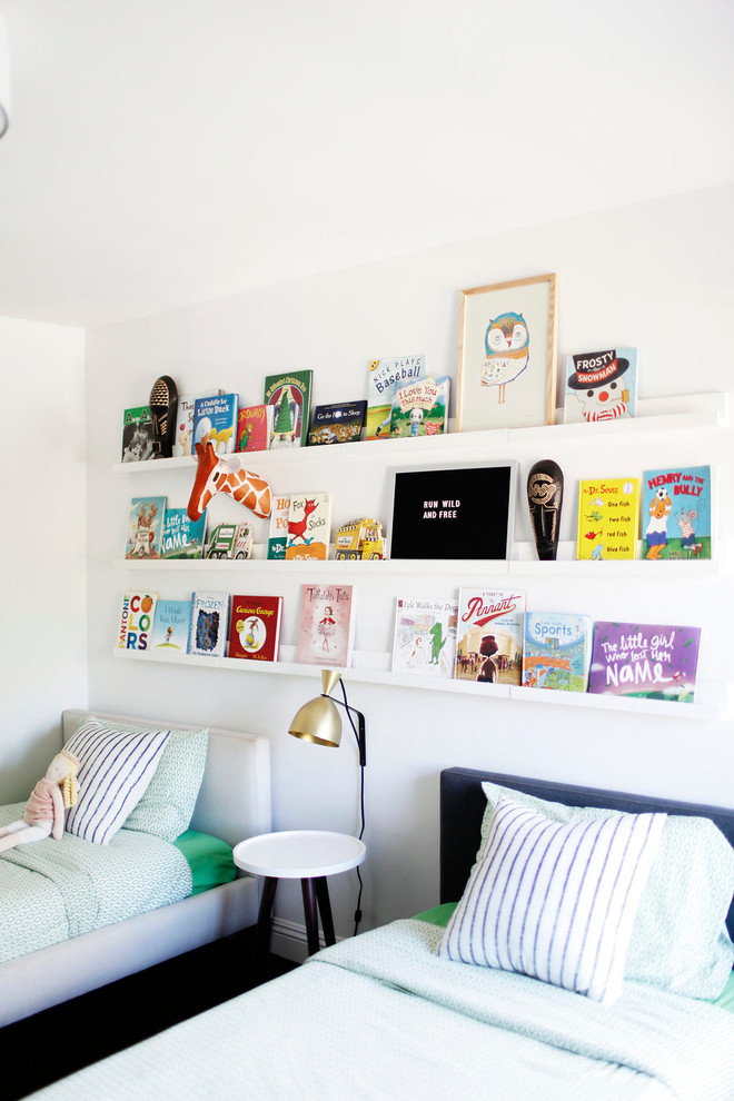 Design ideas for a mid-sized eclectic gender-neutral kids' room in Tampa with dark hardwood floors and white walls.