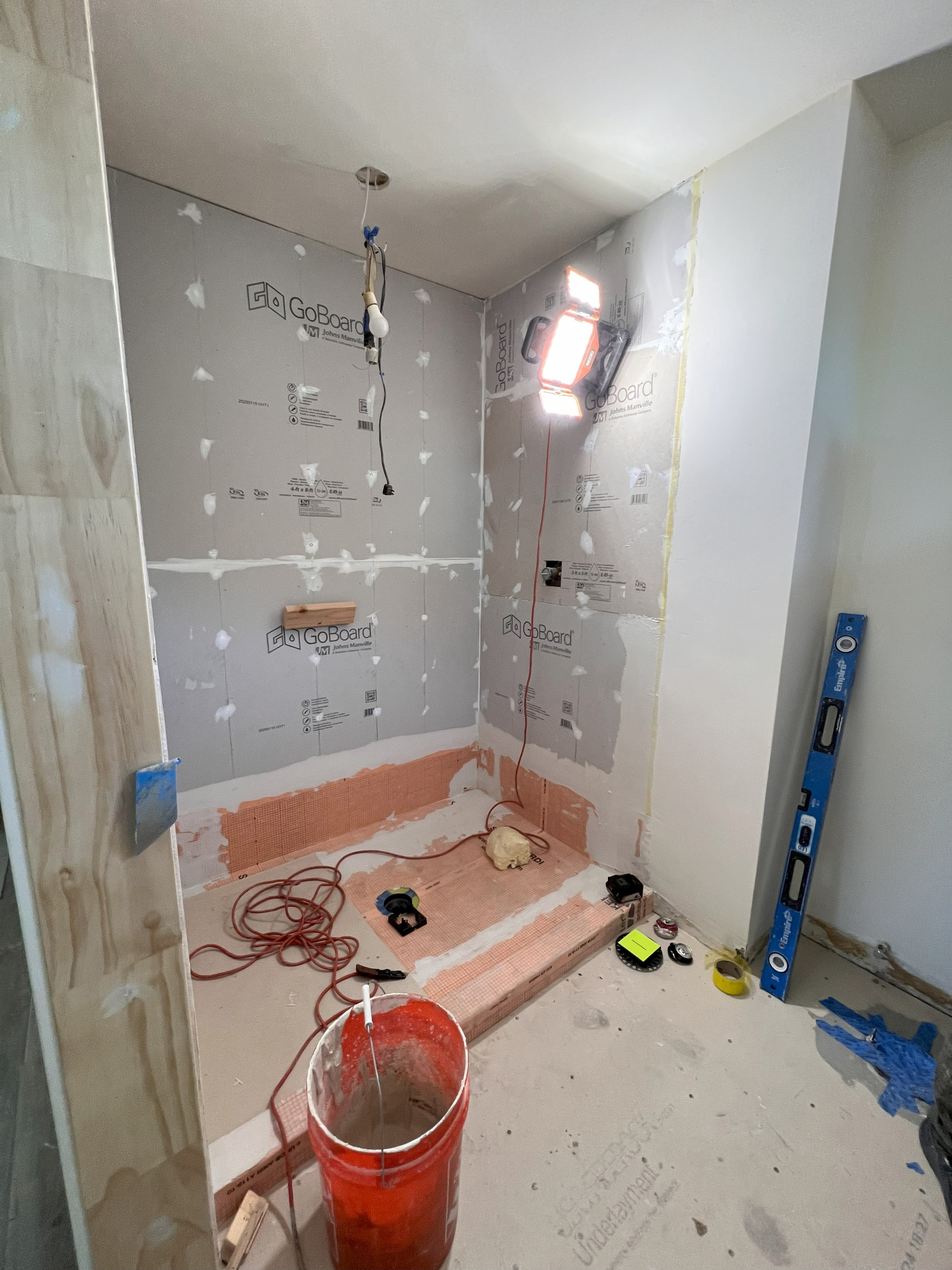 DURING! Preparing the walls for tile installation