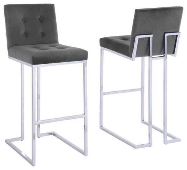 Barstools with Tufted Seats in Dark Gray Velvet and Chrome Legs (Set of