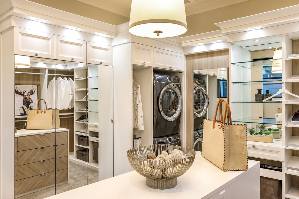 Inspiration for a large country gender-neutral walk-in wardrobe in Portland with shaker cabinets, white cabinets, ceramic floors and multi-coloured floor.