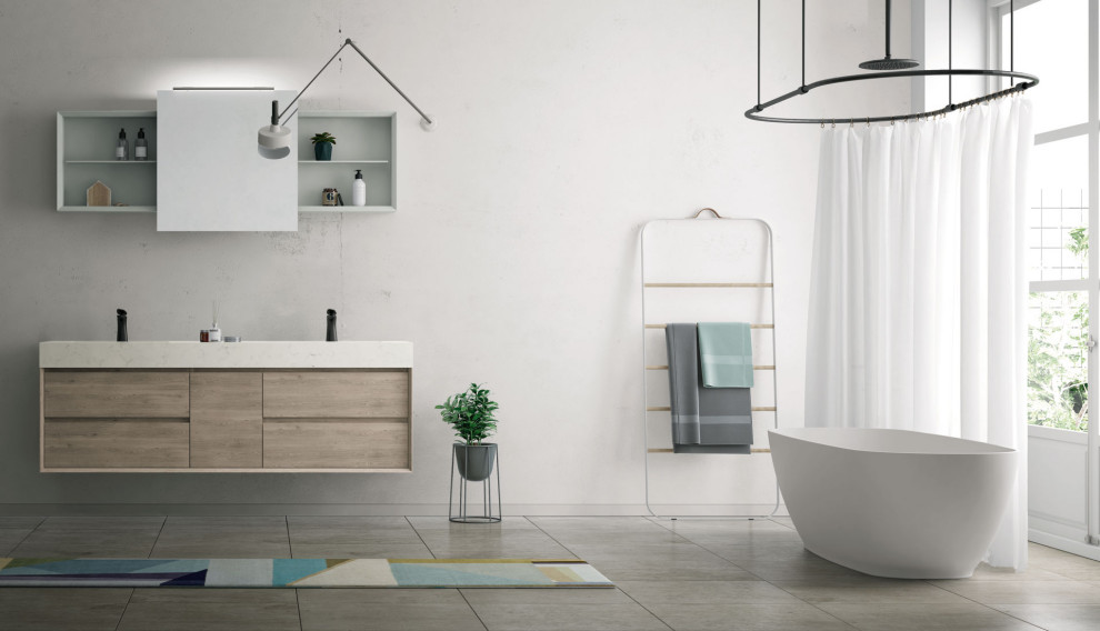 Design ideas for a large modern master bathroom in Miami with flat-panel cabinets, light wood cabinets, a freestanding tub, white walls, an integrated sink, beige floor, a double vanity and a floating vanity.