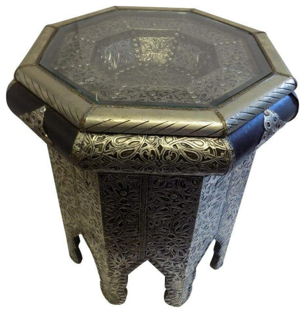 Moroccan End Table Silver Antique Finish and Leather with Glass Top