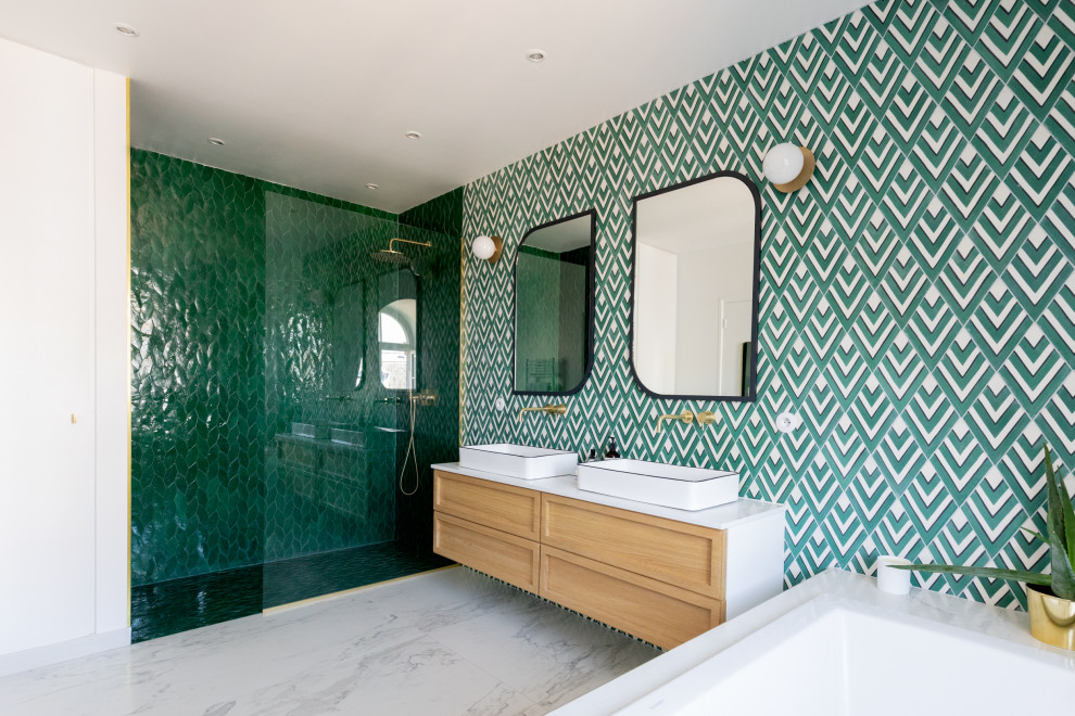 Design ideas for a large contemporary master bathroom in Paris with an undermount tub, a curbless shower, green tile, cement tile, white walls, ceramic floors, quartzite benchtops, beige floor, white benchtops, a double vanity and a built-in vanity.