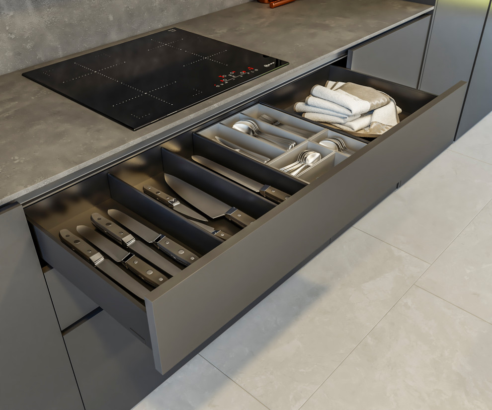 Immagine di una grande cucina minimalista con lavello sottopiano, ante lisce, ante nere, paraspruzzi grigio, elettrodomestici in acciaio inossidabile e top grigio