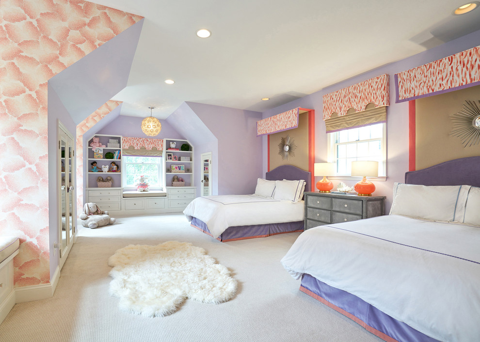 This is an example of a transitional kids' bedroom for girls in New York with purple walls, carpet and beige floor.