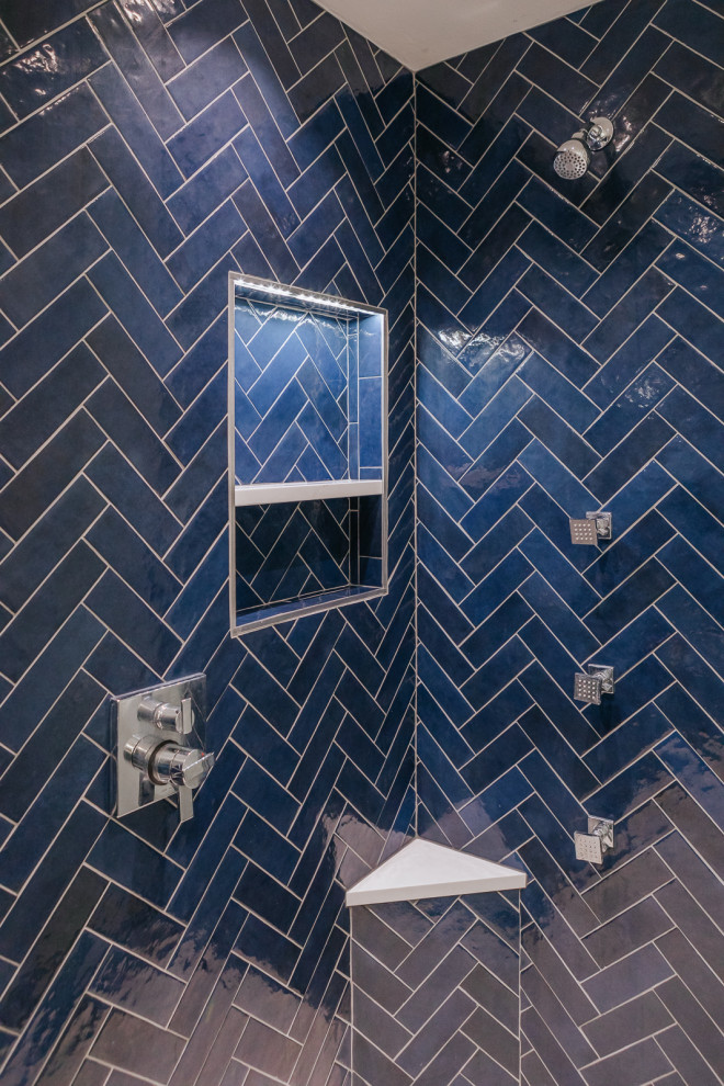 Inspiration for a small modern master bathroom in Portland with grey cabinets, an alcove shower, blue tile, ceramic tile, white walls, engineered quartz benchtops, a hinged shower door, white benchtops, a niche, a double vanity and a built-in vanity.