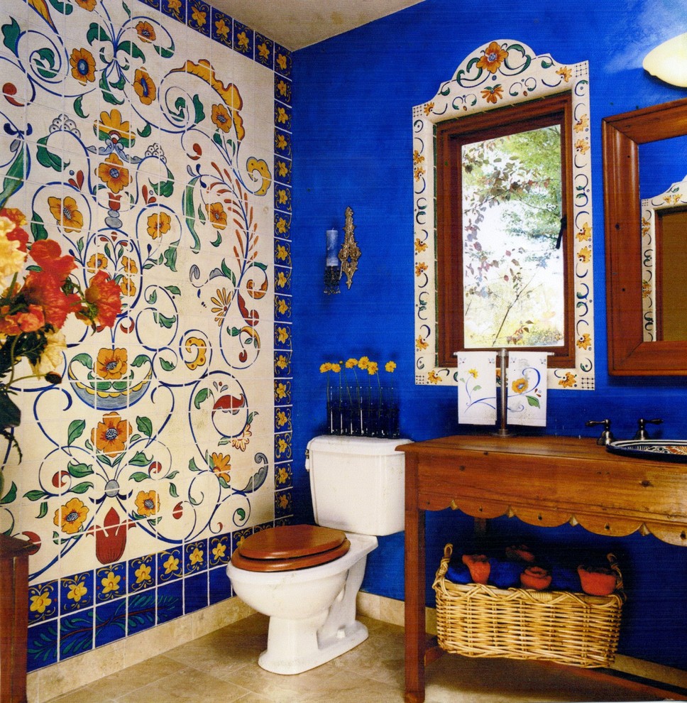 Photo of an eclectic bathroom in San Francisco with a drop-in sink, open cabinets, medium wood cabinets and multi-coloured tile.