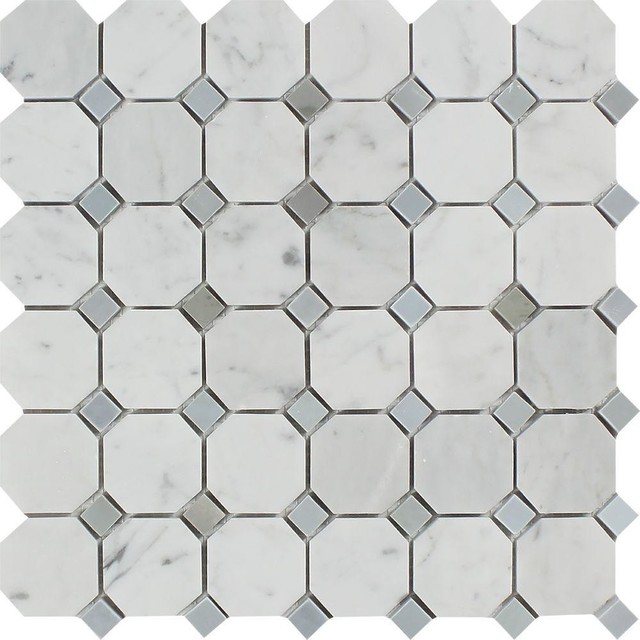 12 X12 Italian Carrara Milano Polished Octagon With Blue Gray Dots Italian Carrara Milano Polished Marble Octagon Mosaic Blue Gray Dots Sample