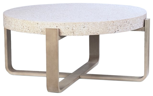 Round Wooden Natural Base, Round Stone Top Coffee Table