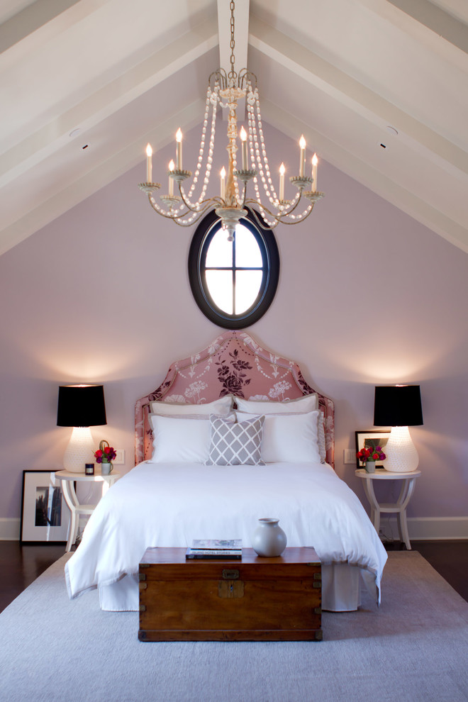 Inspiration for a transitional bedroom in Los Angeles with purple walls.