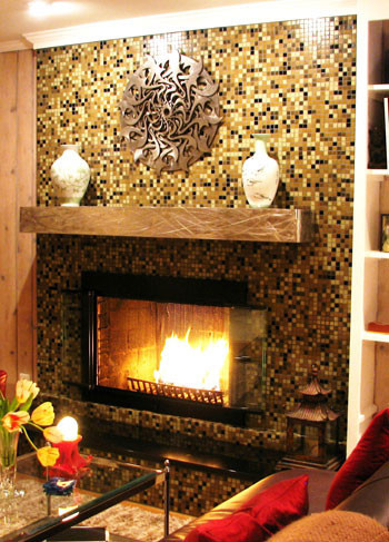 Glass Mosaic Tile Fireplace Surround Eclectic Living Room