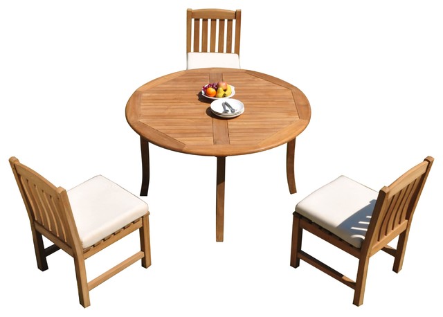 4 Piece Outdoor Patio Teak Dining Set 52 Round Table 3 Devon Armless Chairs Transitional Outdoor Dining Sets By Teak Deals