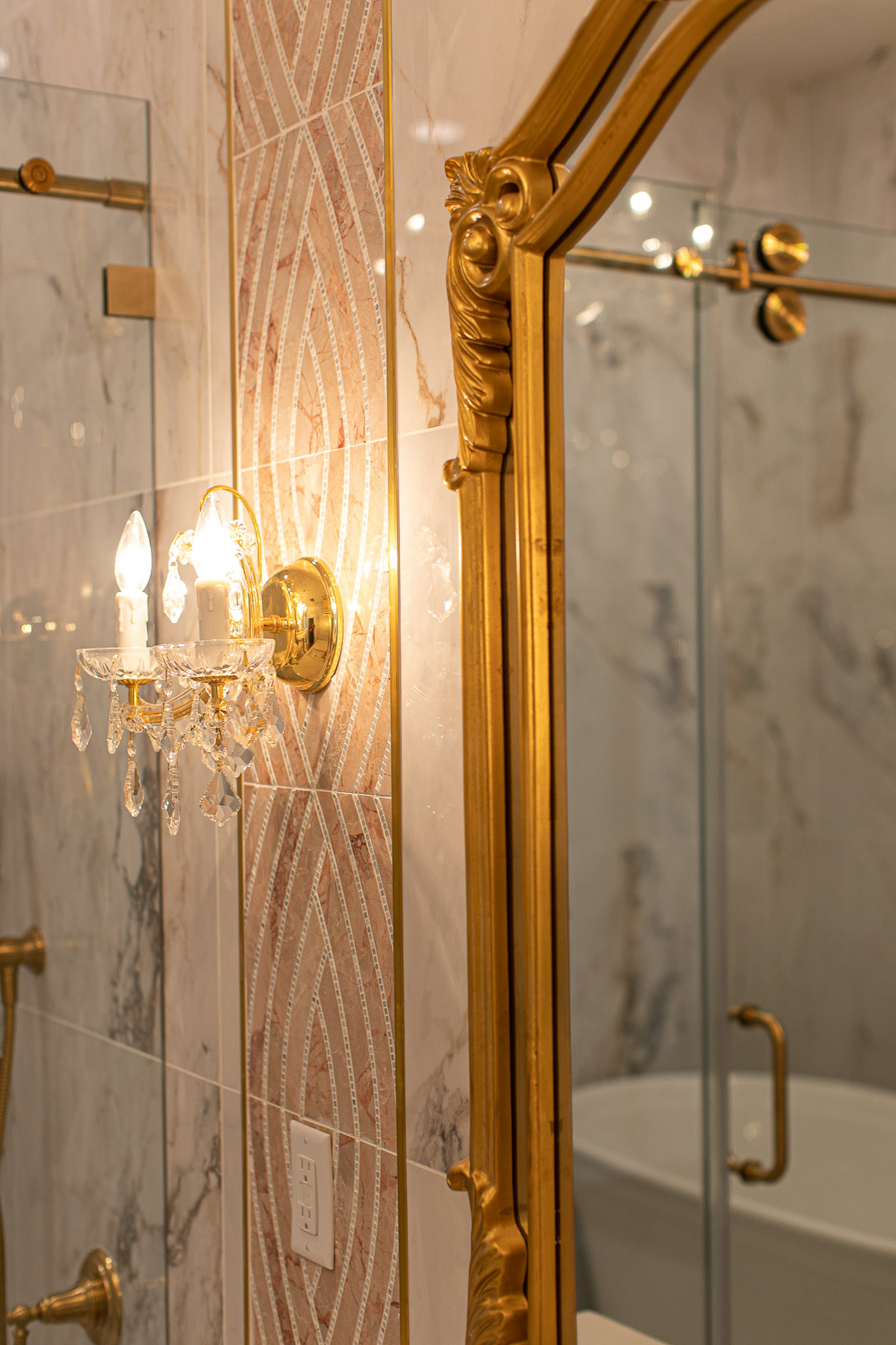 Elegant master multicolored tile and porcelain tile porcelain tile, beige floor and single-sink bathroom photo in Orlando with shaker cabinets, pink cabinets, an undermount tub, a one-piece toilet, mu