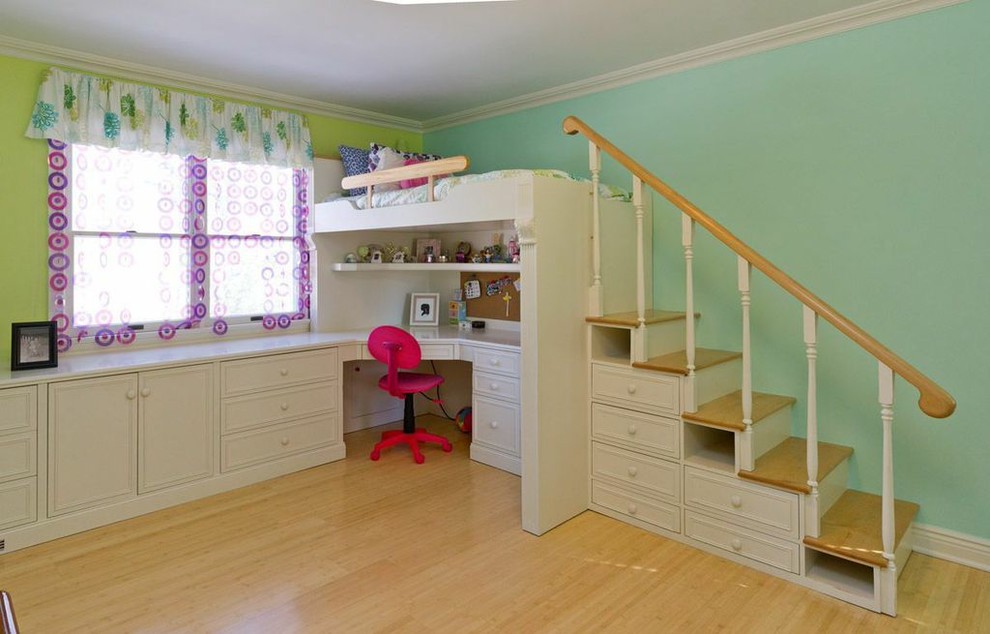 This is an example of a mid-sized traditional kids' bedroom for kids 4-10 years old and girls in New York with light hardwood floors and multi-coloured walls.