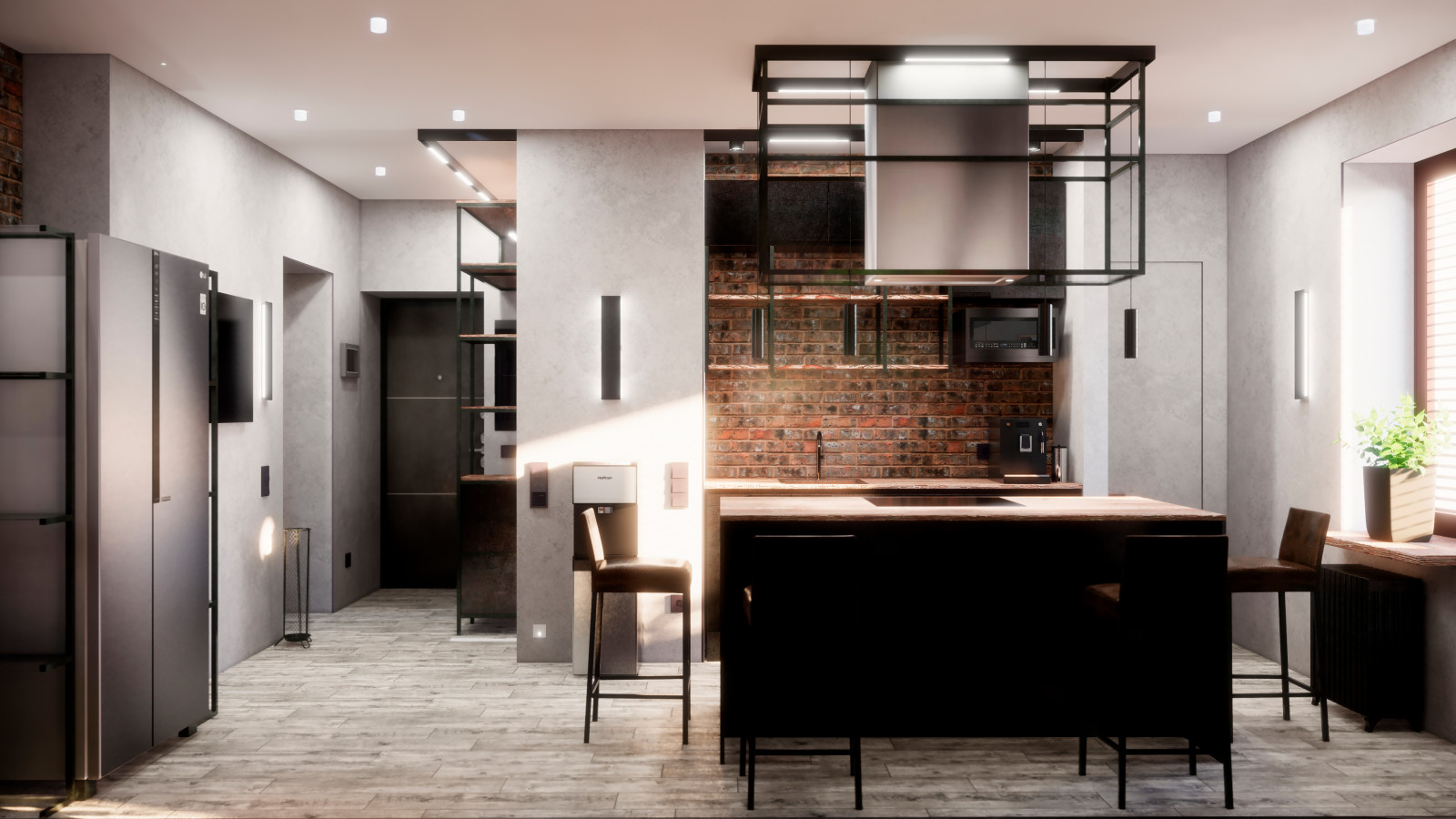 Квартира в Москве в стиле лофт, кухня, холл, санузел, кладовая. 2020 г.