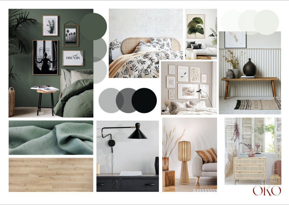 Inspiration for a mid-sized modern master bedroom with green walls, light hardwood floors, no fireplace and brown floor.