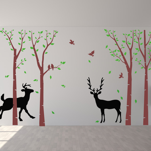 Birch Tree Wall Decals Flying Birds Deer Art Nature