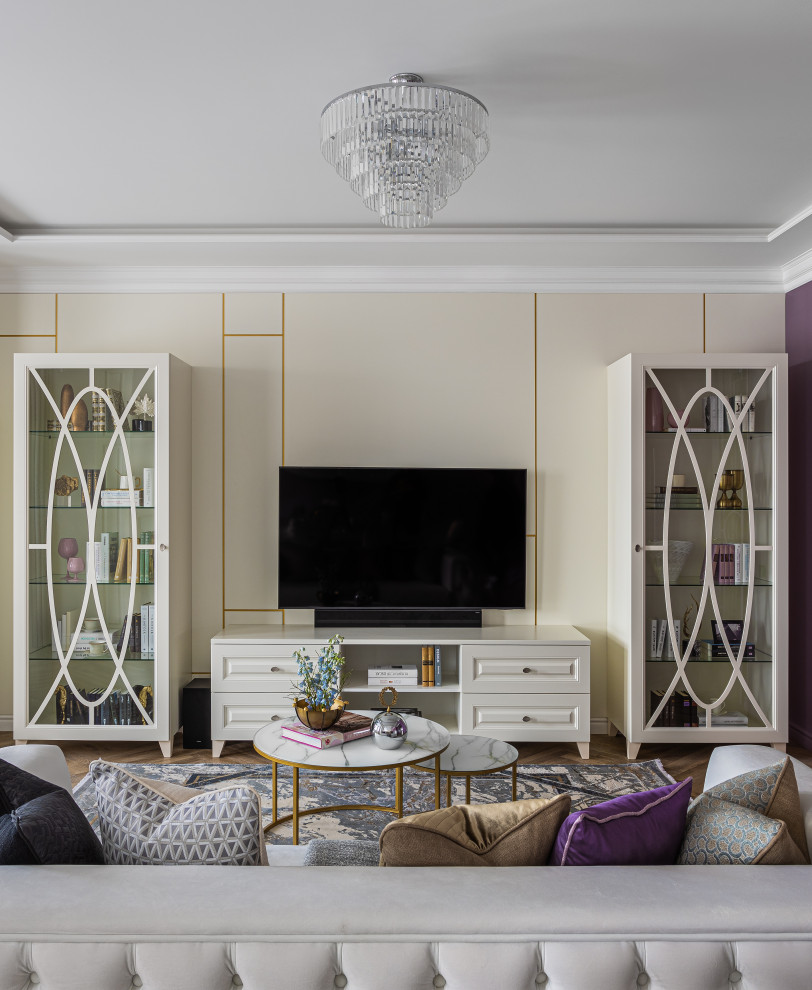 Inspiration for a large formal open concept living room in Moscow with multi-coloured walls, vinyl floors, a built-in media wall, brown floor, recessed and panelled walls.
