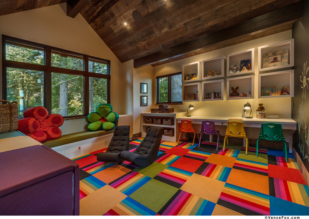 Design ideas for a large modern gender-neutral kids' playroom in Sacramento with carpet.