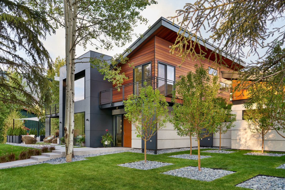 Mittelgroße, Zweistöckige Moderne Doppelhaushälfte mit Flachdach in Denver