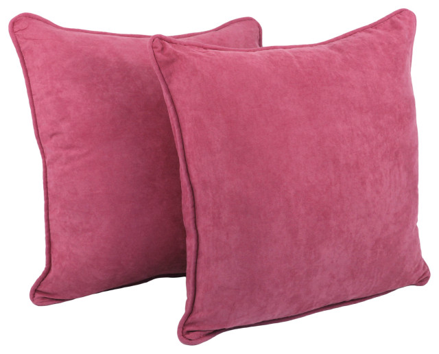 25" Double-Corded Solid Microsuede Square Floor Pillows, Set of 2, Bery Berry
