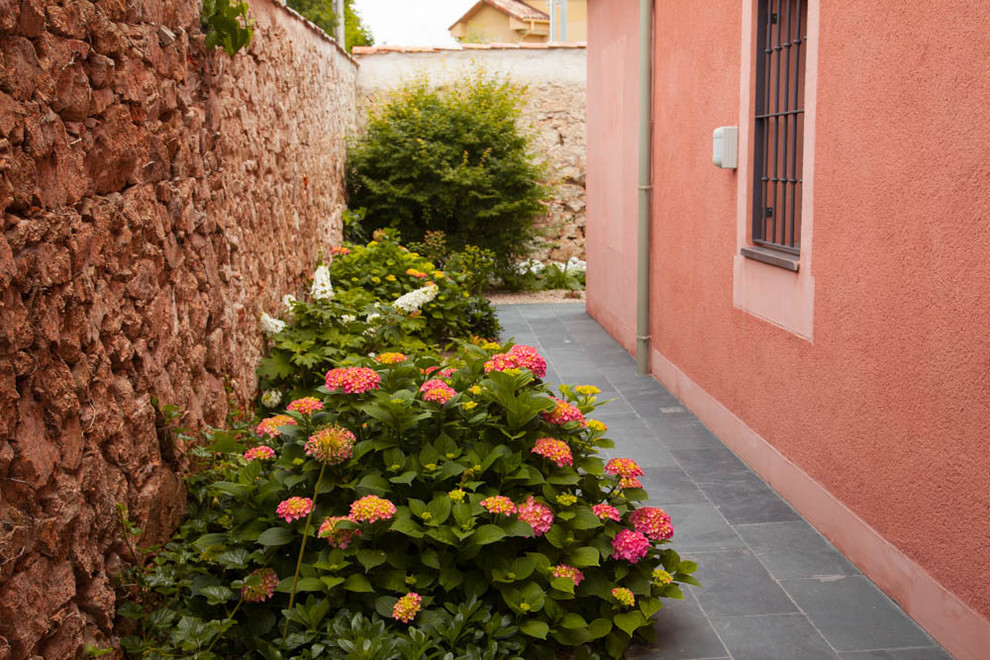 Photo of a small country side yard driveway in Madrid with a garden path.