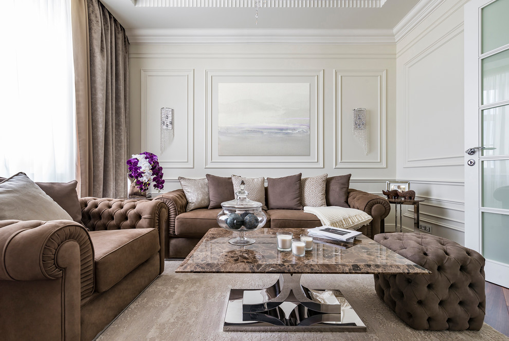 Photo of a transitional formal open concept living room in Moscow with white walls.