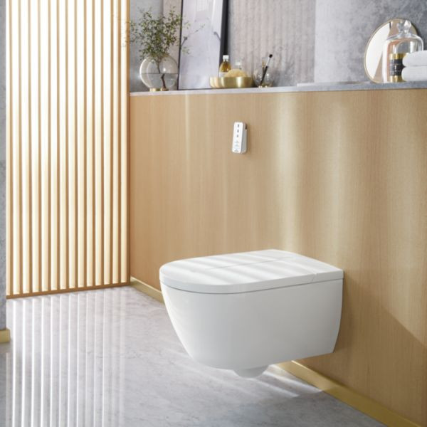 Inspiration for a mid-sized country bathroom in Hamburg with a wall-mount toilet, gray tile, grey walls, an enclosed toilet, wallpaper, wood-look tile, marble floors and grey floor.