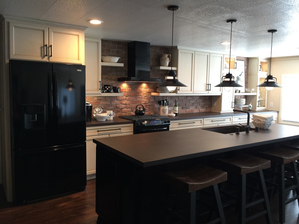 Inspiration for a rustic eat-in kitchen remodel with quartz countertops and an island