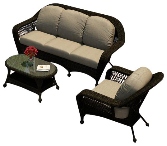 Catalina 3 Piece Outdoor Sofa Set, Sable Wicker, Mushroom Cushions