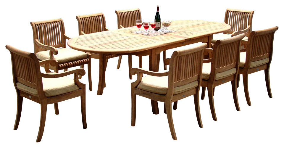 9Piece Outdoor Teak Dining Set, 94" Extension Oval Table, 8 Giva Arm Chairs Traditional