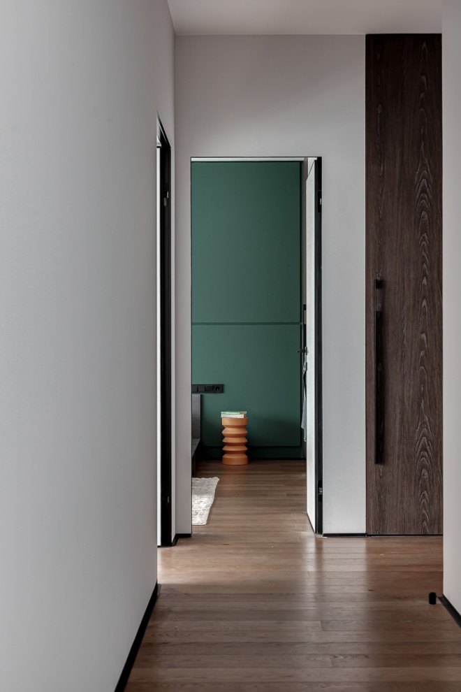 Свежая идея для дизайна: большой, узкий коридор в современном стиле с белыми стенами, паркетным полом среднего тона и коричневым полом - отличное фото интерьера
