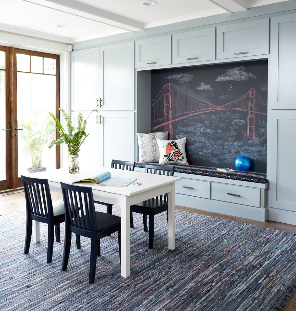 Inspiration for a large transitional gender-neutral kids' playroom for kids 4-10 years old in San Francisco with grey walls and dark hardwood floors.