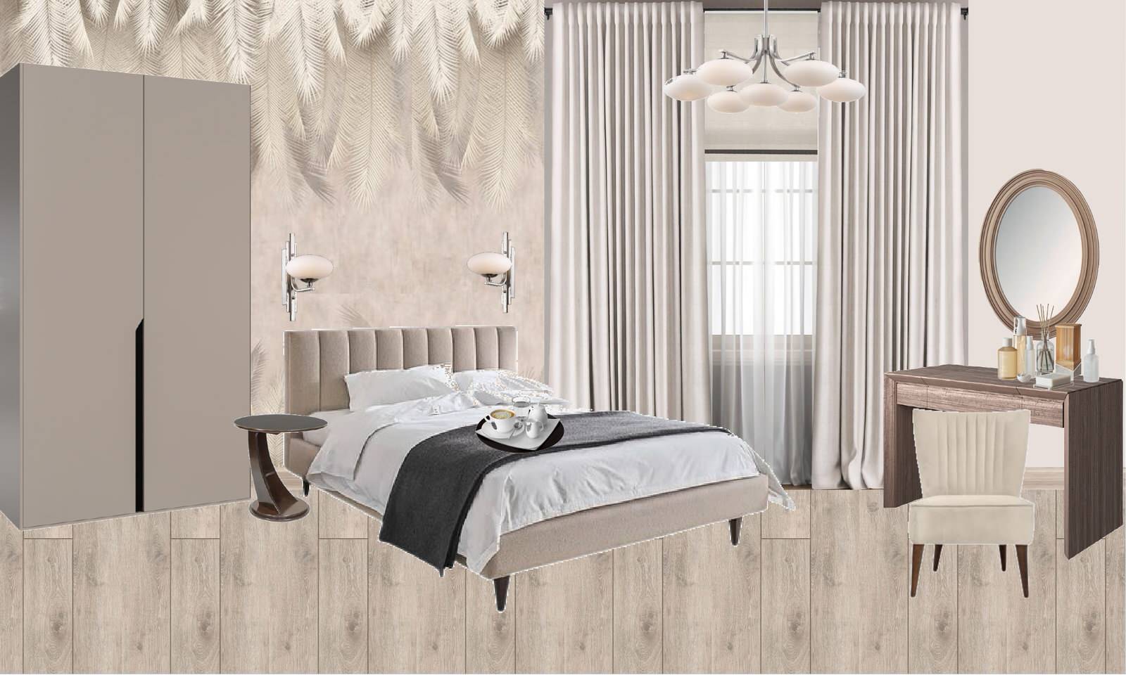 Коллаж спальни 12 кв. метров с двухспальной кроватью, большим шкафом для одежды