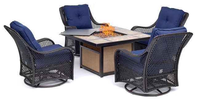 Orleans 5-Piece Woven Fire Pit Chat Set, Navy Blue With 4 Woven Swivel Gliders