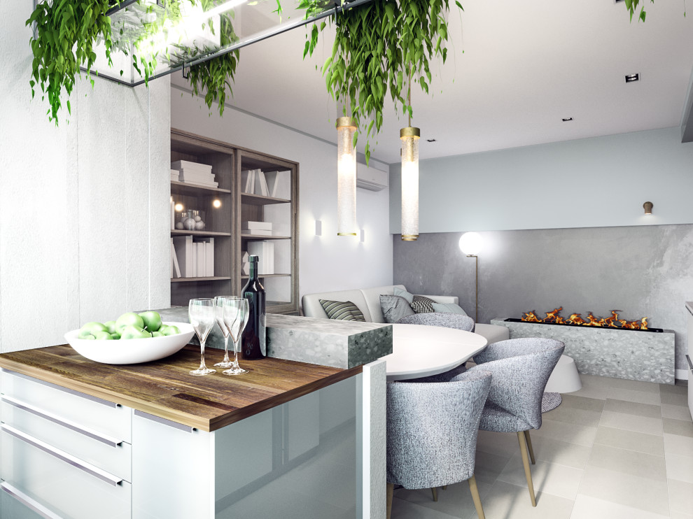 Soft-minimal кухня-гостиная с панорамным остеклением