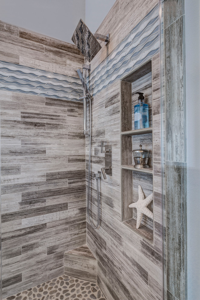 This is an example of a large transitional master bathroom in San Francisco with shaker cabinets, white cabinets, an alcove shower, a two-piece toilet, gray tile, porcelain tile, grey walls, plywood floors, a drop-in sink, quartzite benchtops, grey floor, a hinged shower door and multi-coloured benchtops.