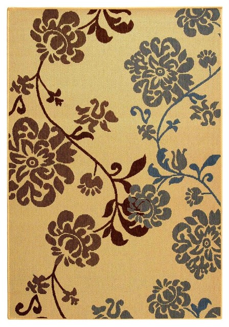 Contemporary Floral Rug in Natural Brown & Blue, 6 ft. 7 in. Round