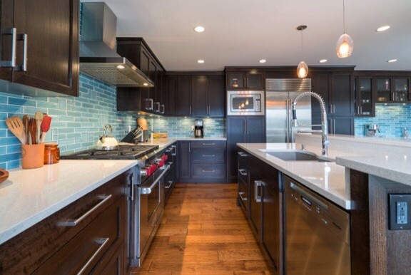 Kitchen - transitional kitchen idea in Vancouver with blue backsplash and glass tile backsplash