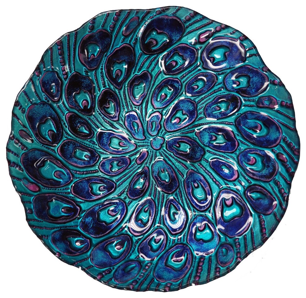 18" Peacock Tail Glass Plate Contemporary Decorative Plates by