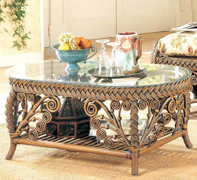 Wicker Coffee Table with Glass Top (White)